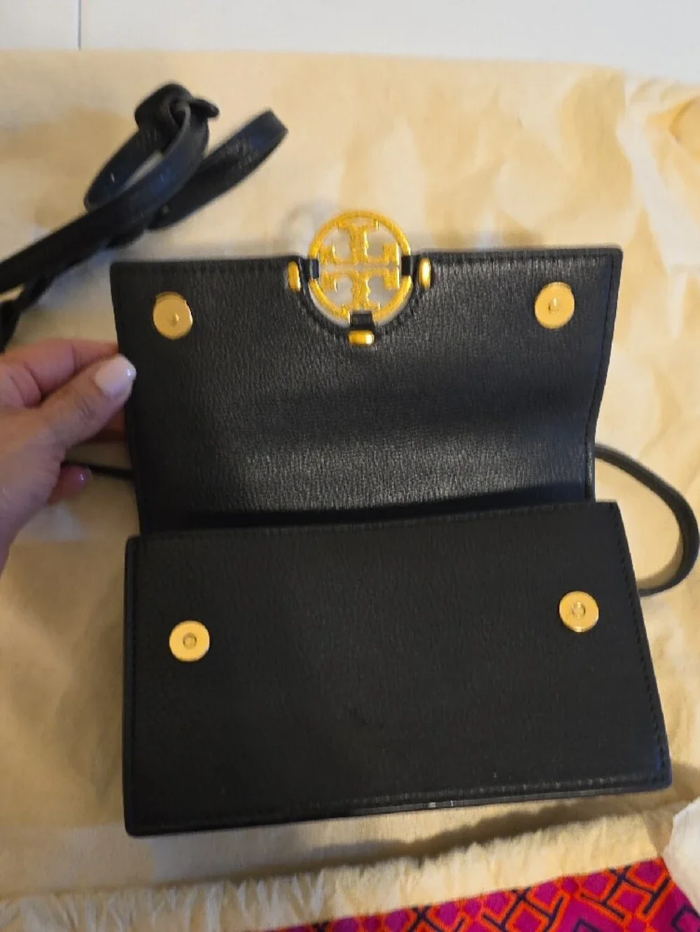 Tory Burch Black Leather Crossbody with Gold Logo Emblem